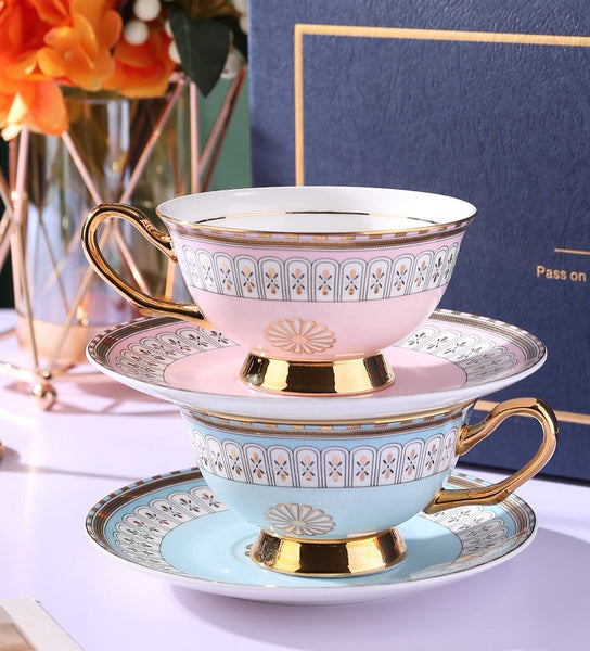 Royal Blue and Pink Bone China Porcelain Tea Cup Set, Tea Cups and Saucers in Gift Box, Elegant Ceramic Coffee Cups, Beautiful British Tea Cups-LargePaintingArt.com