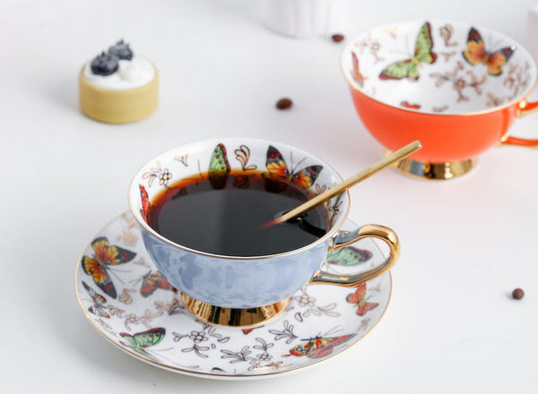 Creative Butterfly Ceramic Coffee Cups, Unique Butterfly Coffee Cups and Saucers, Beautiful British Tea Cups, Creative Bone China Porcelain Tea Cup Set-LargePaintingArt.com