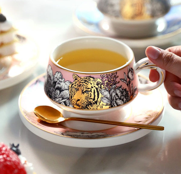 Handmade Ceramic Cups with Gold Trim and Gift Box, Jungle Tiger Cheetah Porcelain Coffee Cups, Creative Ceramic Tea Cups and Saucers-LargePaintingArt.com