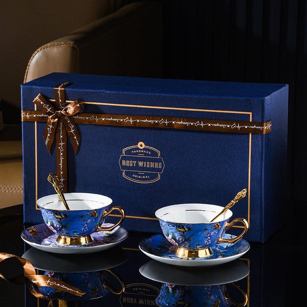 Blue Bird and Butterfly Bone China Porcelain Tea Cup Set, Unique British Tea Cup and Saucer in Gift Box, Elegant British Ceramic Coffee Cups-LargePaintingArt.com