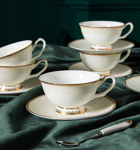 Bone China Porcelain Coffee Cup Set, White Ceramic Cups, Elegant British Ceramic Coffee Cups, Unique Tea Cup and Saucer in Gift Box-LargePaintingArt.com