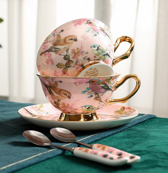 Unique Tea Cup and Saucer in Gift Box, Lovely Birds Ceramic Cups, Elegant Ceramic Coffee Cups, Afternoon Bone China Porcelain Tea Cup Set-LargePaintingArt.com