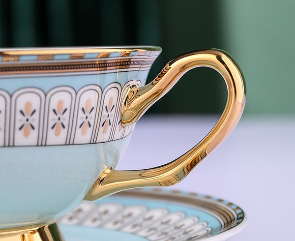 Royal Blue and Pink Bone China Porcelain Tea Cup Set, Tea Cups and Saucers in Gift Box, Elegant Ceramic Coffee Cups, Beautiful British Tea Cups-LargePaintingArt.com