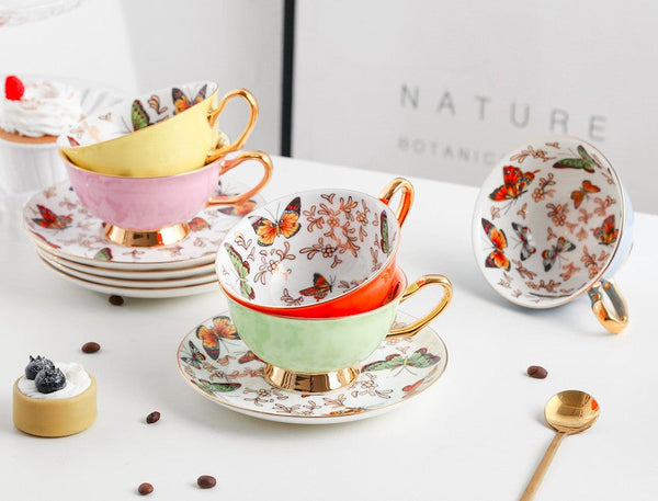 Creative Butterfly Ceramic Coffee Cups, Unique Butterfly Coffee Cups and Saucers, Beautiful British Tea Cups, Creative Bone China Porcelain Tea Cup Set-LargePaintingArt.com