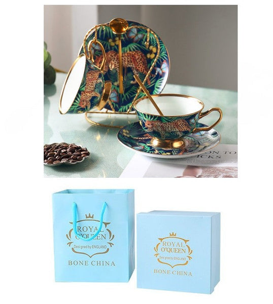 Creative Leopard Ceramic Coffee Cups, Unique Tea Cups and Saucers in Gift Box as Birthday Gift, Beautiful British Tea Cups, Creative Bone China Porcelain Tea Cup Set-LargePaintingArt.com