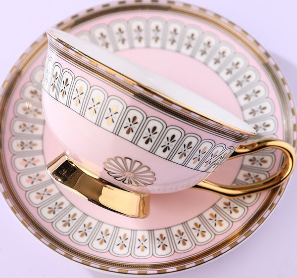 Royal Blue and Pink Bone China Porcelain Tea Cup Set, Tea Cups and Saucers in Gift Box, Elegant Ceramic Coffee Cups, Beautiful British Tea Cups-LargePaintingArt.com