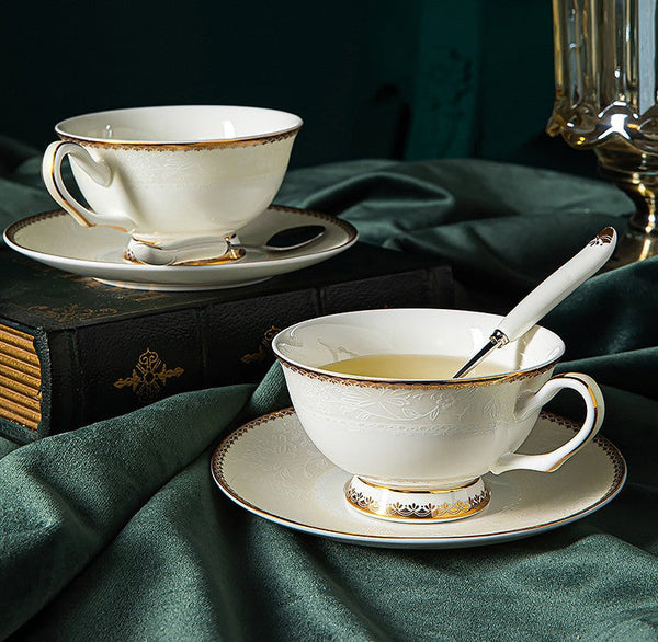 Elegant British Ceramic Coffee Cups, Bone China Porcelain Coffee Cup Set, White Ceramic Cups, Unique Tea Cup and Saucer in Gift Box-LargePaintingArt.com