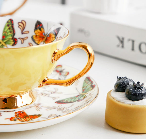 Unique Butterfly Coffee Cups and Saucers, Creative Butterfly Ceramic Coffee Cups, Beautiful British Tea Cups, Creative Bone China Porcelain Tea Cup Set-LargePaintingArt.com