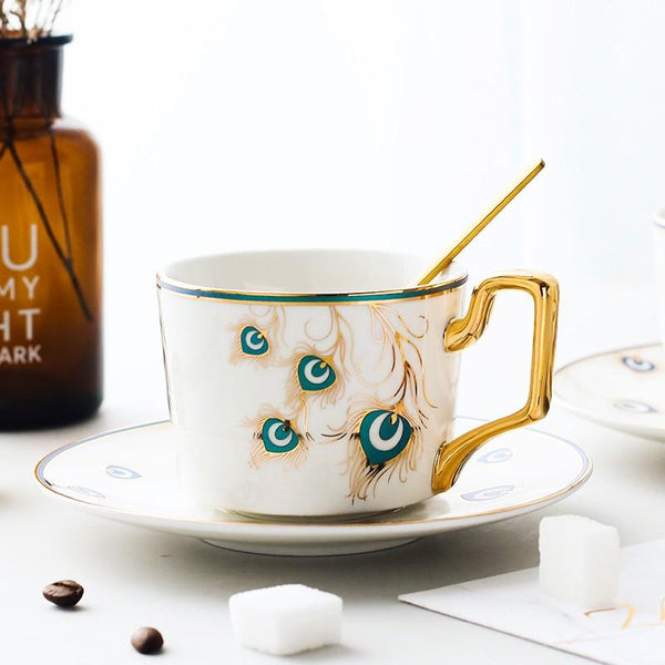 British Tea Cups, Coffee Cups with Gold Trim and Gift Box, Peacock Tail Pattern Porcelain Coffee Cups, Tea Cups and Saucers-LargePaintingArt.com