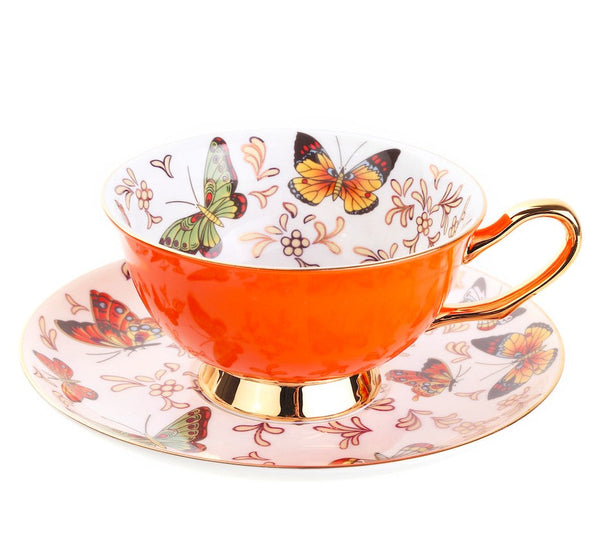 Unique Butterfly Coffee Cups and Saucers, Creative Butterfly Ceramic Coffee Cups, Beautiful British Tea Cups, Creative Bone China Porcelain Tea Cup Set-LargePaintingArt.com