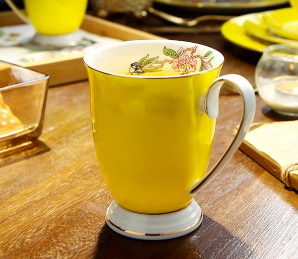 Creative Yellow Bone China Porcelain Tea Cup, Elegant Yellow Ceramic Mug, Unique Royal Ceramic Mugs, Beautiful British Tea Cups-LargePaintingArt.com