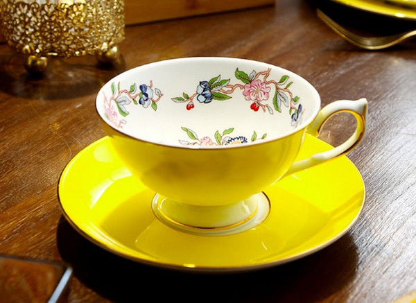 Elegant Yellow Ceramic Cups, Unique Royal Coffee Cup and Saucer, Beautiful British Tea Cups, Creative Bone China Porcelain Tea Cup Set-LargePaintingArt.com
