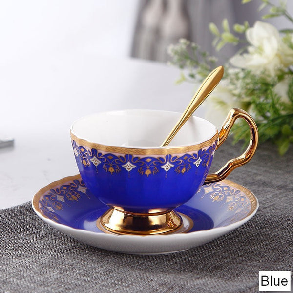 Pink Blue White Bone China Porcelain Tea Cup Set, Unique British Tea Cup and Saucer in Gift Box, Elegant British Ceramic Coffee Cups for Afternoon Tea-LargePaintingArt.com