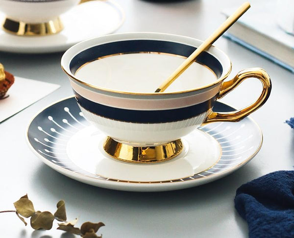 British Tea Cups, Porcelain Coffee Cups, Latte Coffee Cups, Tea Cups and Saucers, Coffee Cups with Gold Trim and Gift Box-LargePaintingArt.com