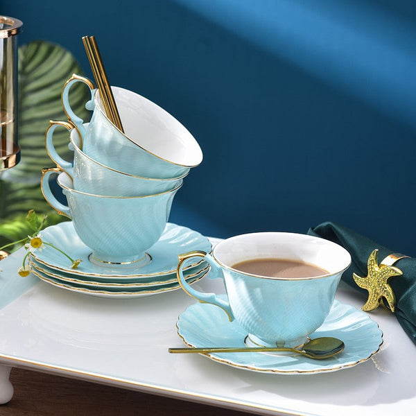 Elegant British Tea Cup and Saucer in Gift Box, Blue Bone China Porcelain Tea Cup Set, Unique British Ceramic Coffee Cups for Afternoon Tea-LargePaintingArt.com