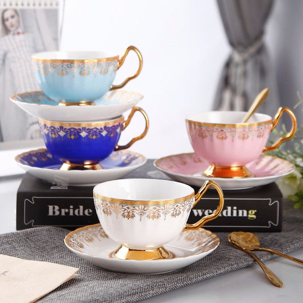 Pink Blue White Bone China Porcelain Tea Cup Set, Unique British Tea Cup and Saucer in Gift Box, Elegant British Ceramic Coffee Cups for Afternoon Tea-LargePaintingArt.com