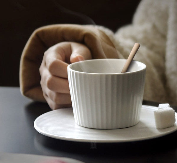 Unique White Tea Cup, Modern Handmade Pottery Coffee Cup, Creative White Ceramic Coffee Cup with Saucer, White Tea Cup for Afternoon Tea-LargePaintingArt.com