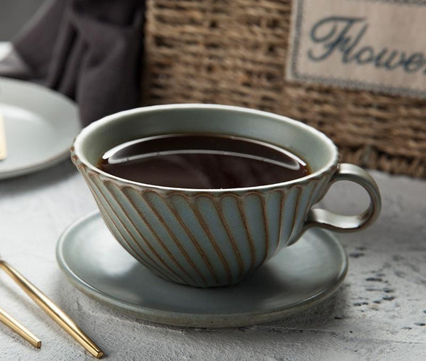 Gray Pottery Coffee Cups, Cappuccino Coffee Mug, Latte Coffee Cup, Breakfast Milk Cup, Ceramic Coffee Cup, Coffee Cup and Saucer Set-LargePaintingArt.com