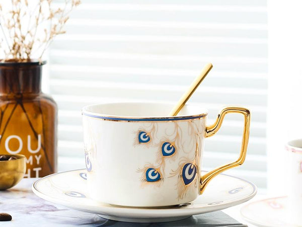 British Tea Cups, Coffee Cups with Gold Trim and Gift Box, Peacock Tail Pattern Porcelain Coffee Cups, Tea Cups and Saucers-LargePaintingArt.com