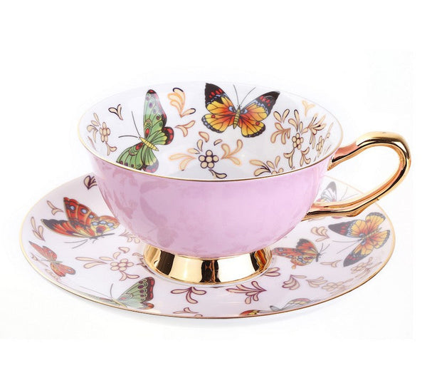 Unique Butterfly Coffee Cups and Saucers, Creative Butterfly Ceramic Coffee Cups, Beautiful British Tea Cups, Creative Bone China Porcelain Tea Cup Set-LargePaintingArt.com