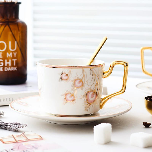 Peacock Tail Pattern Porcelain Coffee Cups, British Tea Cups, Coffee Cups with Gold Trim and Gift Box, Tea Cups and Saucers-LargePaintingArt.com