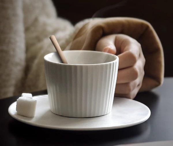 Unique White Tea Cup, Modern Handmade Pottery Coffee Cup, Creative White Ceramic Coffee Cup with Saucer, White Tea Cup for Afternoon Tea-LargePaintingArt.com