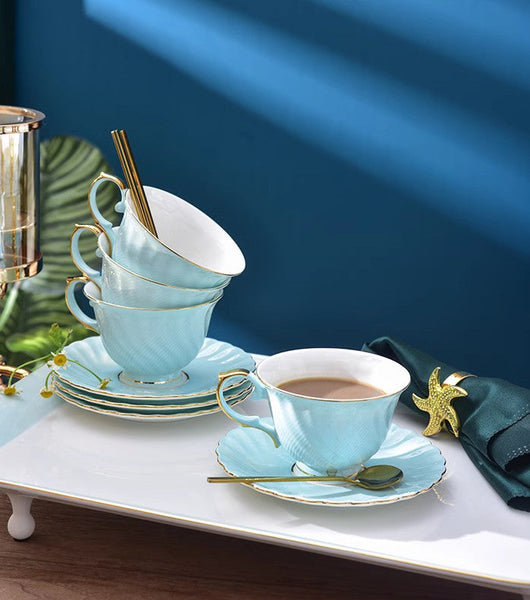 Elegant British Tea Cup and Saucer in Gift Box, Blue Bone China Porcelain Tea Cup Set, Unique British Ceramic Coffee Cups for Afternoon Tea-LargePaintingArt.com
