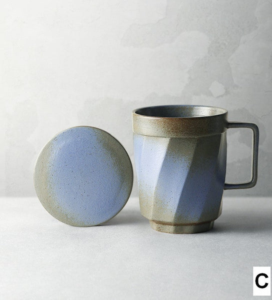 Creative Brown Green Blue Black Ceramic Coffee Mugs, Large Modern Handmade Pottery Coffee Cup, Large Unique Tea Cup, Large Capacity Coffee Mug with Cover-LargePaintingArt.com