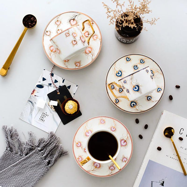 Peacock Tail Pattern Porcelain Coffee Cups, British Tea Cups, Coffee Cups with Gold Trim and Gift Box, Tea Cups and Saucers-LargePaintingArt.com