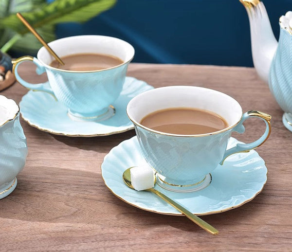 Elegant British Tea Cup and Saucer in Gift Box, Blue Bone China Porcelain Tea Cup Set, Unique British Ceramic Coffee Cups for Afternoon Tea-LargePaintingArt.com