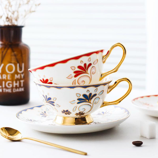 Porcelain Coffee Cups, British Tea Cups, Tea Cups and Saucers, Coffee Cups with Gold Trim and Gift Box, Latte Coffee Cups-LargePaintingArt.com