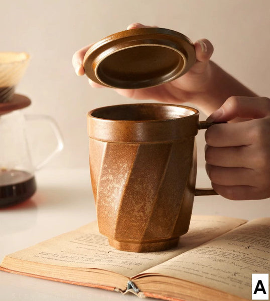 Large Modern Handmade Pottery Coffee Cup, Creative Brown Green Blue Black Ceramic Coffee Mugs, Large Unique Tea Cup, Large Capacity Coffee Mug with Cover-LargePaintingArt.com