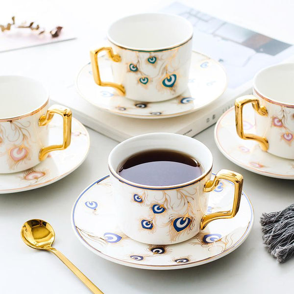 British Tea Cups, Coffee Cups with Gold Trim and Gift Box, Peacock Tail Pattern Porcelain Coffee Cups, Tea Cups and Saucers-LargePaintingArt.com