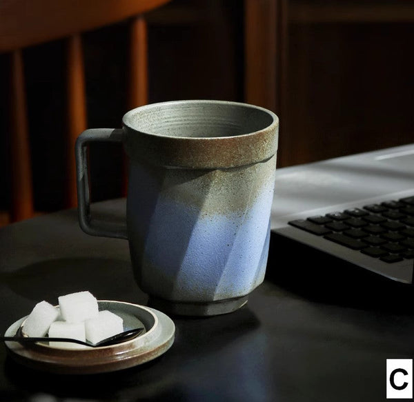 Large Modern Handmade Pottery Coffee Cup, Creative Brown Green Blue Black Ceramic Coffee Mugs, Large Unique Tea Cup, Large Capacity Coffee Mug with Cover-LargePaintingArt.com