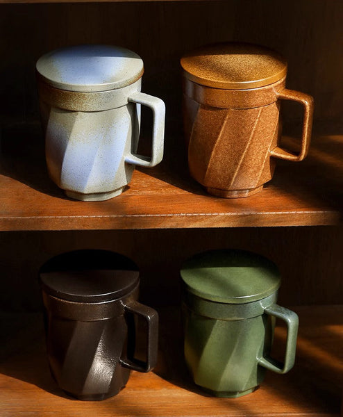 Large Modern Handmade Pottery Coffee Cup, Creative Brown Green Blue Black Ceramic Coffee Mugs, Large Unique Tea Cup, Large Capacity Coffee Mug with Cover-LargePaintingArt.com