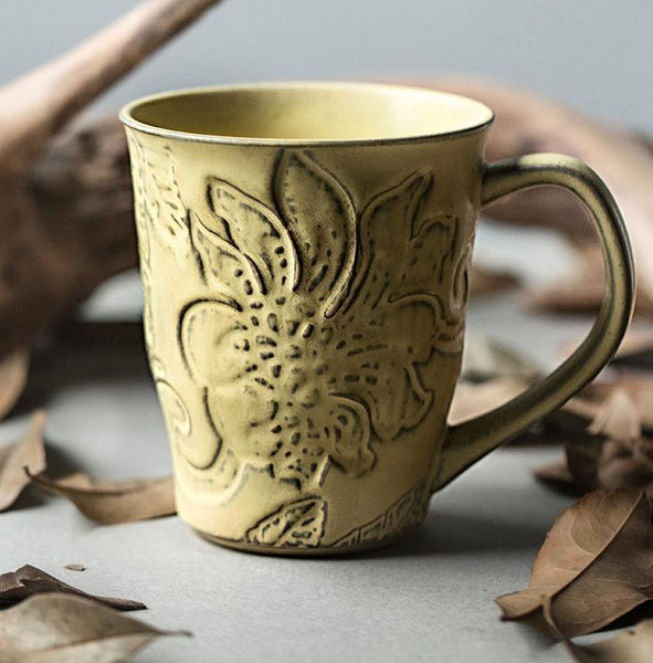 Green Ceramic Coffee Mug, Birthday Gifts, Stoneware Coffee Mugs, Handmade Pottery Coffee Mug, Large Capacity Coffee Cups-LargePaintingArt.com