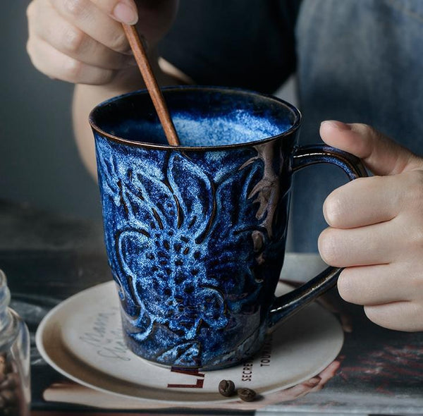 Green Ceramic Coffee Mug, Birthday Gifts, Stoneware Coffee Mugs, Handmade Pottery Coffee Mug, Large Capacity Coffee Cups-LargePaintingArt.com