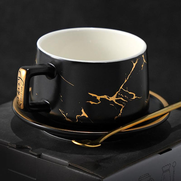 Large Tea Cup, White Coffee Cup, Black Coffee Mug, Ceramic Cup, Coffee Cup and Saucer Set-LargePaintingArt.com