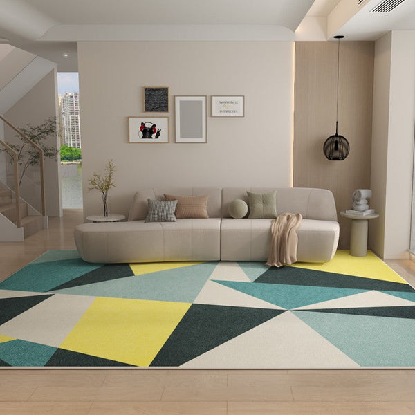 Blue Modern Rugs under Dining Room Table, Geometric Carpets for Living Room, Contemporary Modern Rugs Next to Bed-LargePaintingArt.com