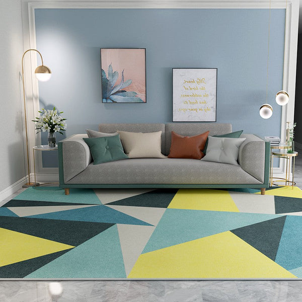 Blue Modern Rugs under Dining Room Table, Geometric Carpets for Living Room, Contemporary Modern Rugs Next to Bed-LargePaintingArt.com