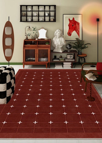 Geometric Contemporary Modern Carpets Next to Bed, Abstract Area Rugs for Living Room, Mid Century Red Rugs under Dining Room Table-LargePaintingArt.com
