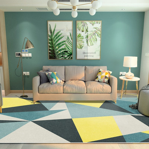Blue Modern Rugs under Dining Room Table, Geometric Carpets for Living Room, Contemporary Modern Rugs Next to Bed-LargePaintingArt.com