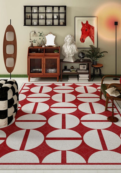 Modern Rug Placement Ideas for Bedroom, Contemporary Modern Rugs for Dining Room, Red Mid Century Geometric Rugs for Living Room-LargePaintingArt.com