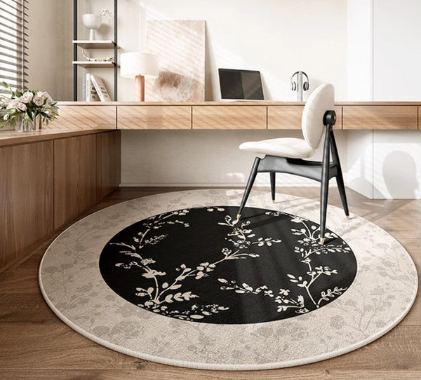 Contemporary Round Rugs for Dining Room, Flower Pattern Round Carpets under Coffee Table, Circular Modern Rugs for Living Room, Modern Area Rugs for Bedroom-LargePaintingArt.com