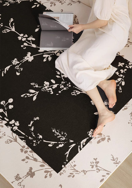 Contemporary Floor Carpets for Living Room, Large Modern Rugs for Sale, Dining Room Modern Rugs, Black Flower Pattern Geometric Modern Rugs in Bedroom-LargePaintingArt.com