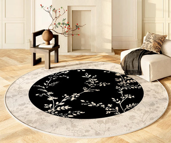 Contemporary Round Rugs for Dining Room, Flower Pattern Round Carpets under Coffee Table, Circular Modern Rugs for Living Room, Modern Area Rugs for Bedroom-LargePaintingArt.com