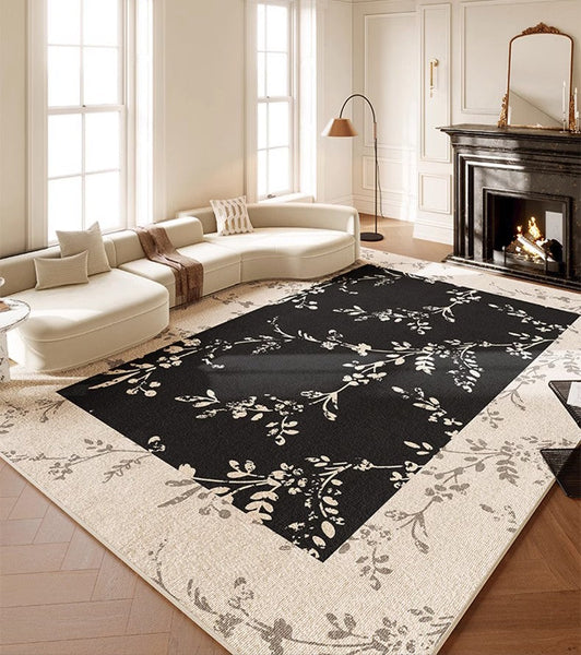 Contemporary Floor Carpets for Living Room, Large Modern Rugs for Sale, Dining Room Modern Rugs, Black Flower Pattern Geometric Modern Rugs in Bedroom-LargePaintingArt.com