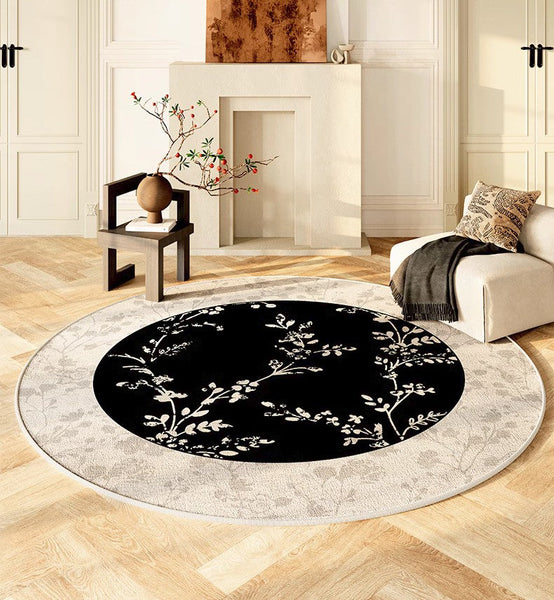 Contemporary Round Rugs for Dining Room, Flower Pattern Round Carpets under Coffee Table, Circular Modern Rugs for Living Room, Modern Area Rugs for Bedroom-LargePaintingArt.com