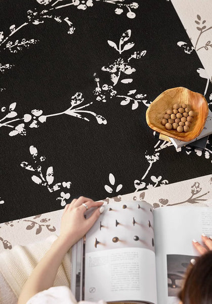 Contemporary Floor Carpets for Living Room, Large Modern Rugs for Sale, Dining Room Modern Rugs, Black Flower Pattern Geometric Modern Rugs in Bedroom-LargePaintingArt.com