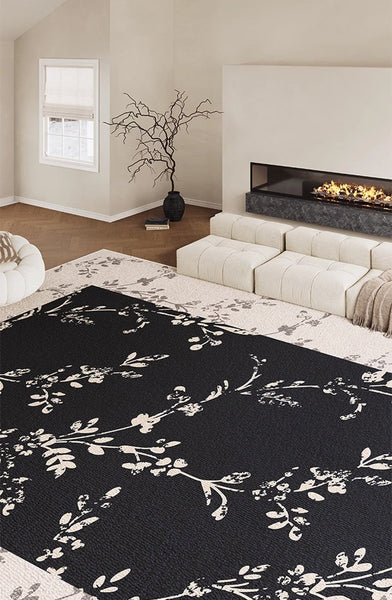 Contemporary Floor Carpets for Living Room, Large Modern Rugs for Sale, Dining Room Modern Rugs, Black Flower Pattern Geometric Modern Rugs in Bedroom-LargePaintingArt.com